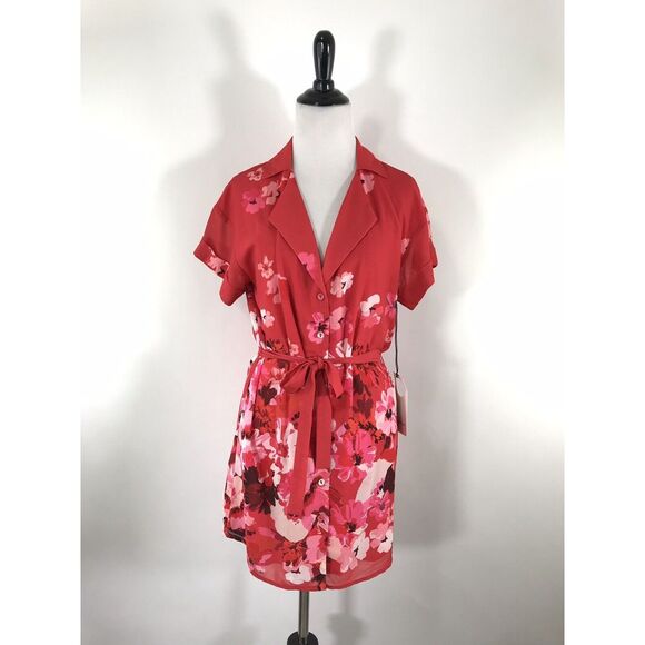 privacy please La Jolla Mini Shirt Dress Red Cascade Floral Tie Waist XXS NWT - Picture 2 of 9